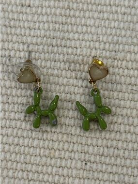 Green Balloon Animal Drop Earrings with Heart Studs